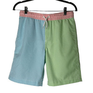 Lands' End Boys Swim Trunks in Green Blue Red Seersucker Size XL 14-16